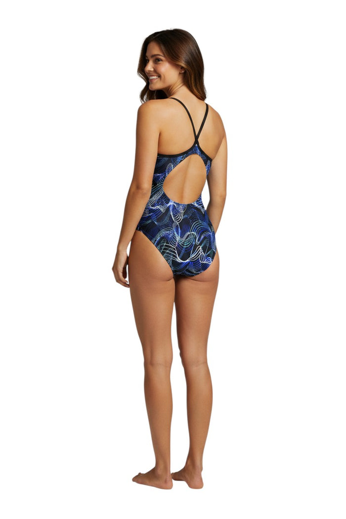 The Lifeguard Store RISE Sandies Female Helix Poly Swimsuit in blue with abstract wave pattern. Features H-back.
