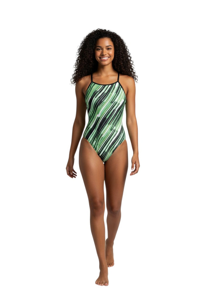 The Lifeguard Store RISE Sandies female swimsuit with green, black, and white abstract stripe pattern. Polyester/Spandex blend.