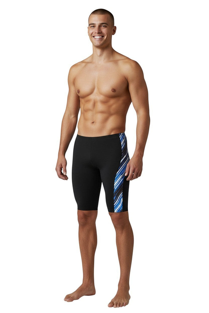 The Lifeguard Store RISE Sandies black poly/spandex jammer swimsuit with blue and white striped side panel.