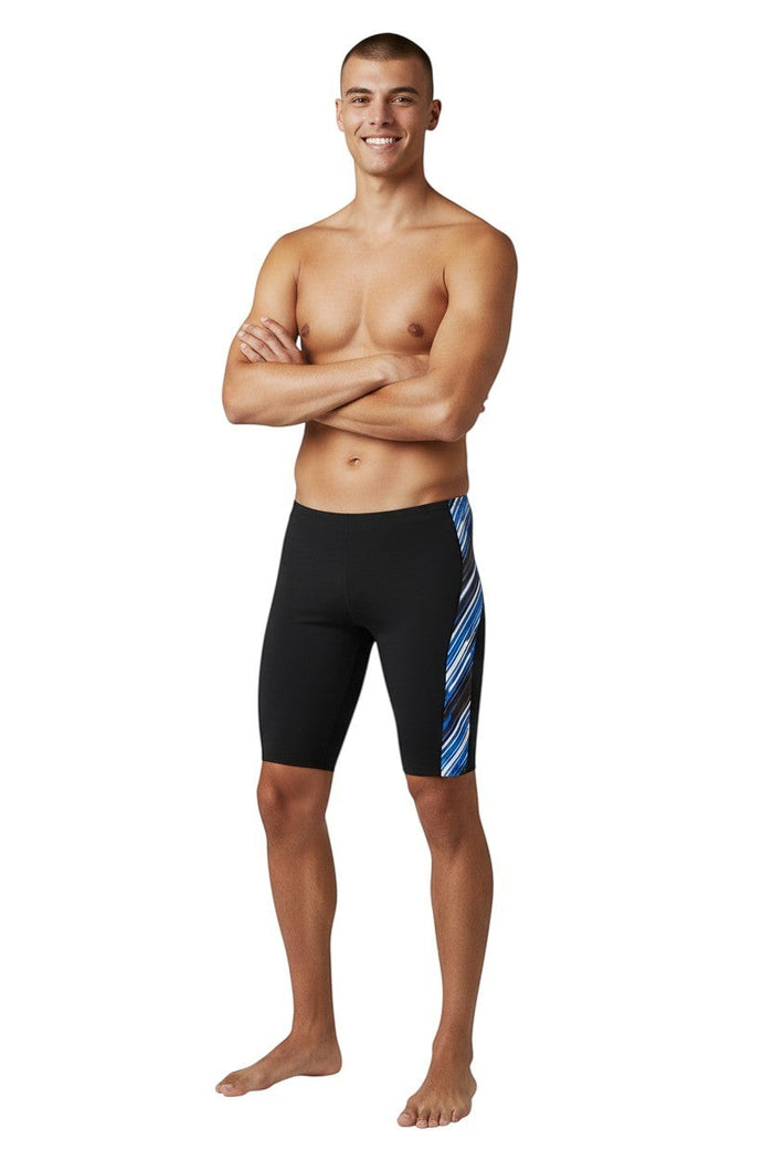 The Lifeguard Store RISE Sandies black poly/spandex jammer swimsuit with blue and white striped side panel.