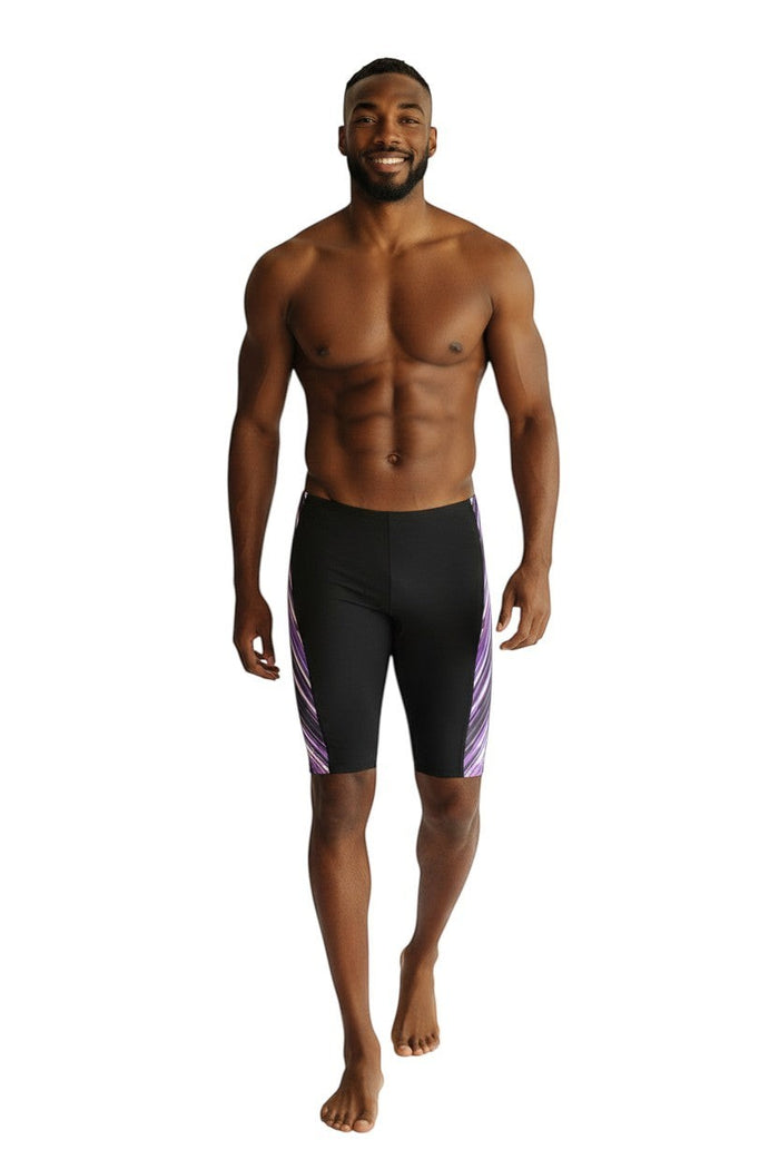 The Lifeguard Store RISE Sandies black poly jammer swimsuit with purple and white diagonal stripe accents.