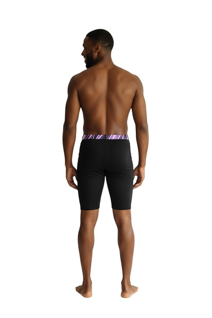 The Lifeguard Store black poly/spandex jammers with purple and white striped waistband. UPF 50+.