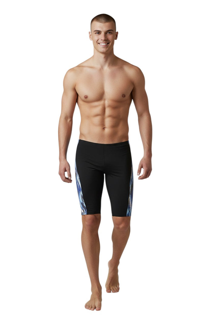 The Lifeguard Store RISE Sandies Shockwave Poly Jammer swimsuit in black with a blue, white, and brown abstract pattern on the side.