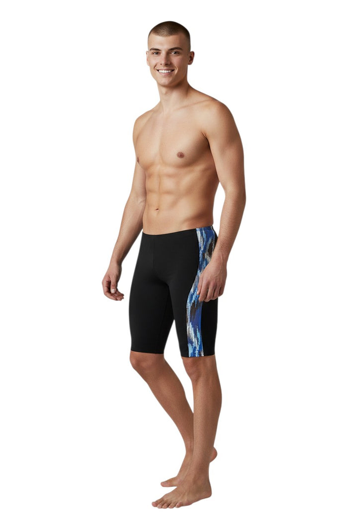 The Lifeguard Store RISE Sandies Shockwave Poly Jammer swimsuit in black with a blue, white, and brown abstract pattern on the side.