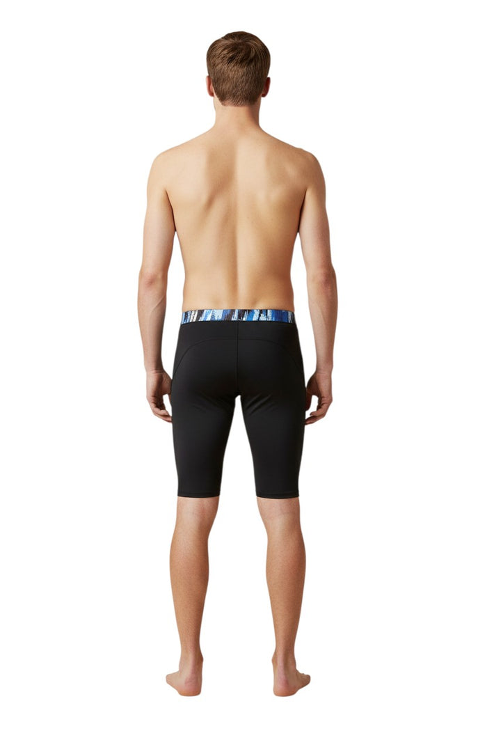The Lifeguard Store RISE Sandies Shockwave Poly Jammer swimsuit in black with a blue and white abstract print waistband.
