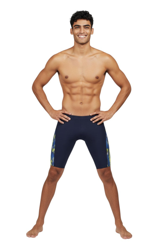 The Lifeguard Store navy blue polyester-spandex jammer swimsuit with a blue, yellow, and grey abstract side panel.