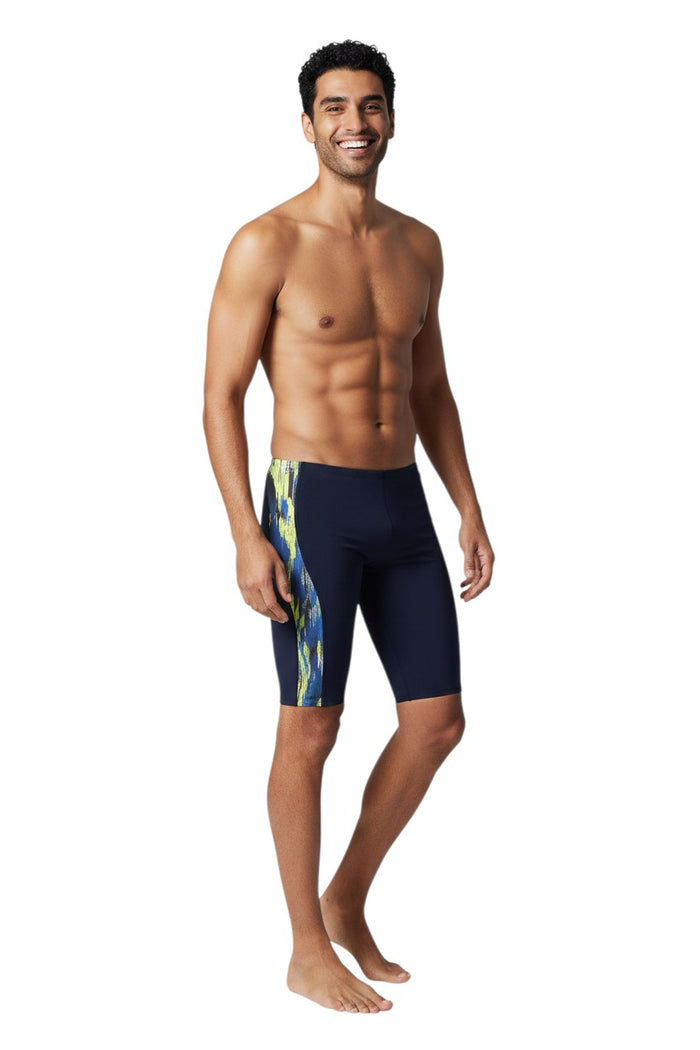 The Lifeguard Store navy blue polyester-spandex jammer swimsuit with blue, yellow, and grey abstract side panel.