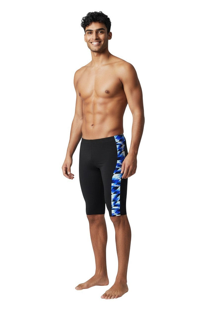 The Lifeguard Store RISE Sandies Swerve Poly Jammer swimsuit in black with a blue and white geometric side panel. Made of 91% Polyester/9% Spandex.