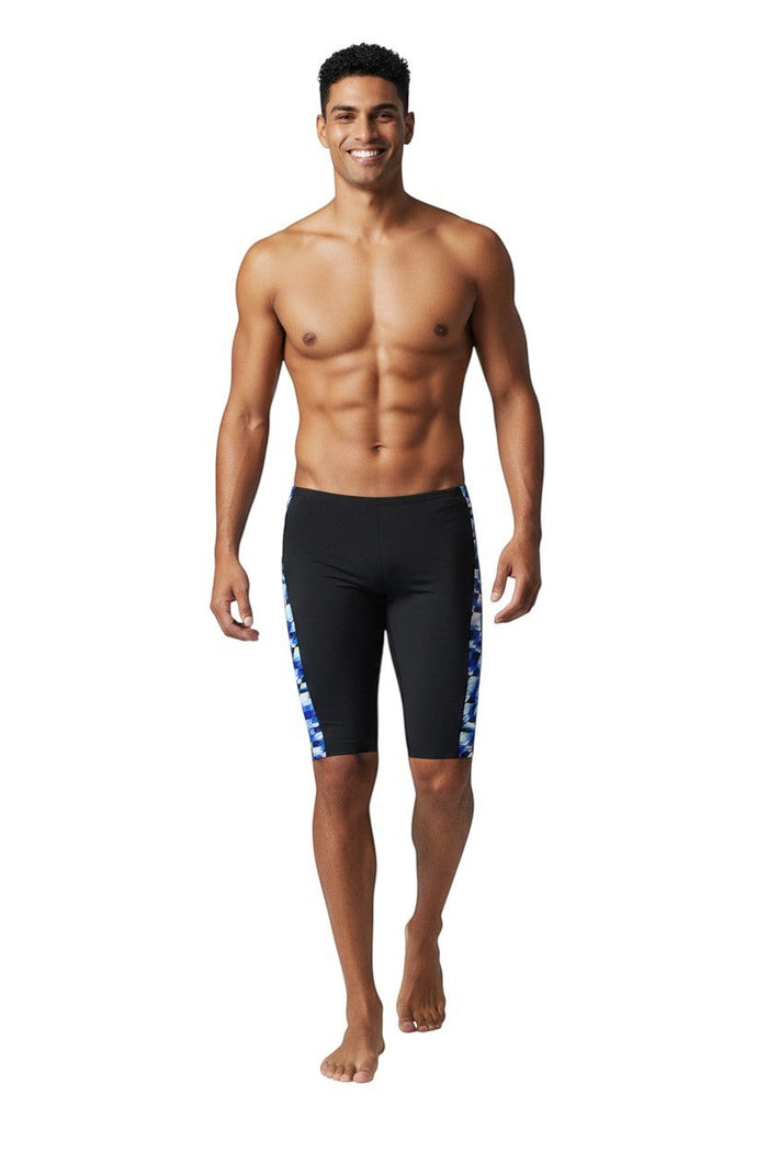 The Lifeguard Store RISE Sandies Swerve Poly Jammer swimsuit in black with a blue, white, and black geometric side panel. Made of 91% Polyester/9% Spandex.