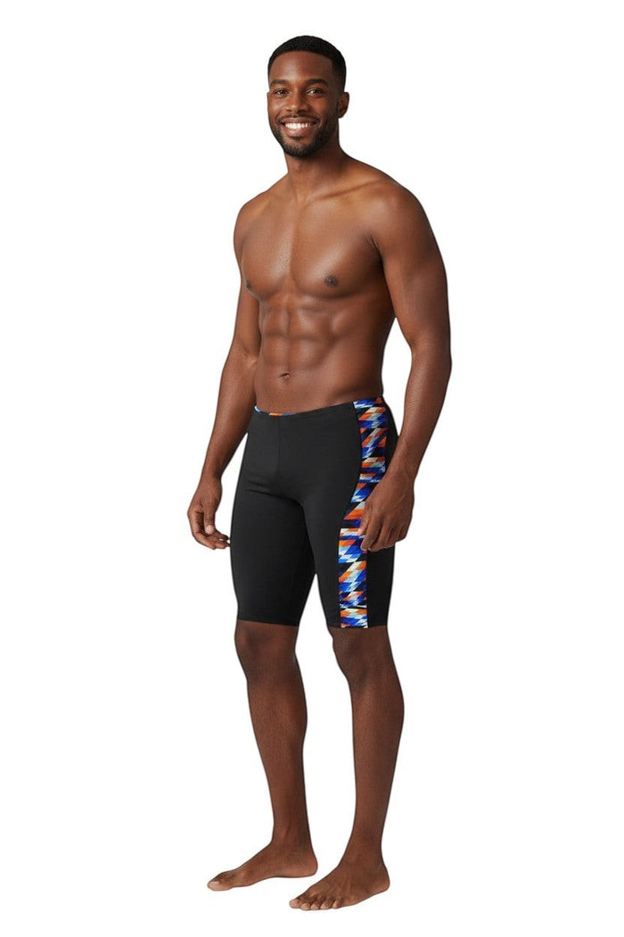 The Lifeguard Store RISE Sandies Swerve Poly Jammer swimsuit in black with a colorful geometric side panel. Made of 91% Polyester/9% Spandex.