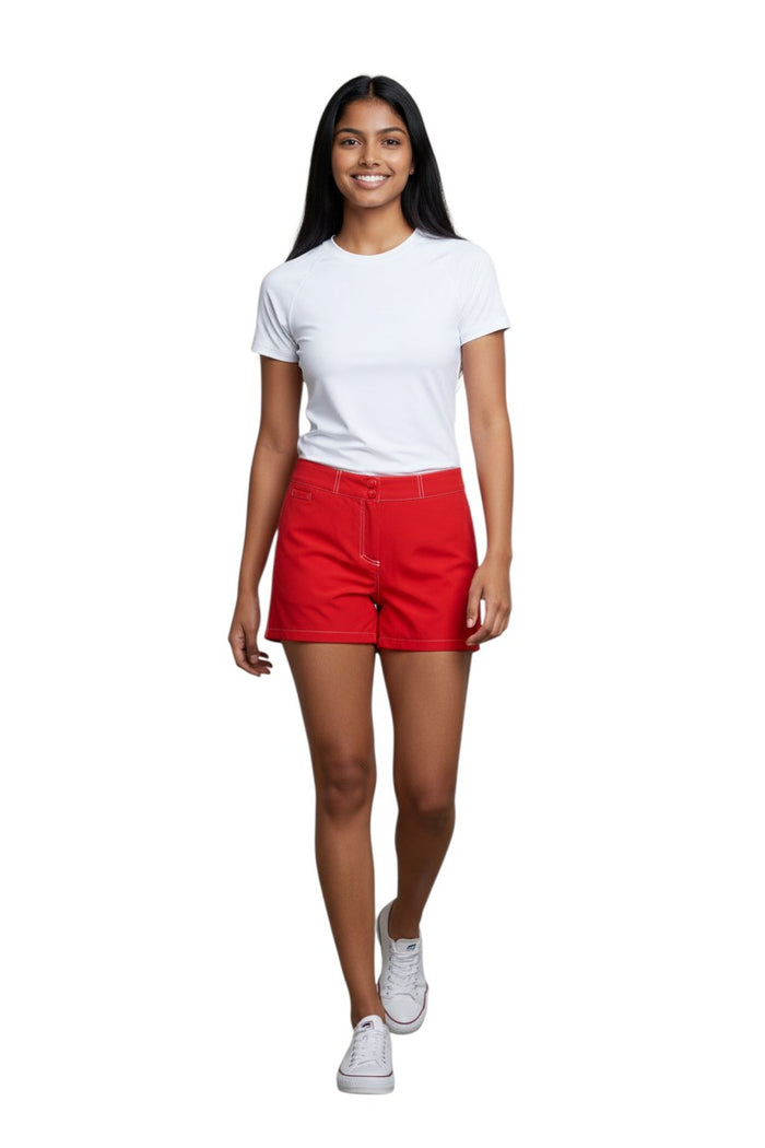 The Lifeguard Store RISE Solid Female Flex Short in red polyester-spandex with white contrast stitching and a 5" inseam.