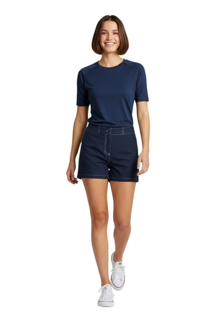 The Lifeguard Store RISE Solid Female Flex Short in navy blue polyester-spandex with 5" inseam and white contrast stitching.
