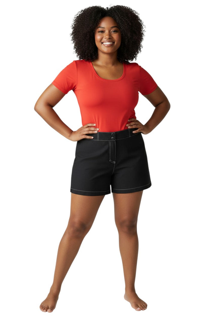 The Lifeguard Store RISE Solid Female Flex Short in black polyester-spandex with 5" inseam and storage pocket.