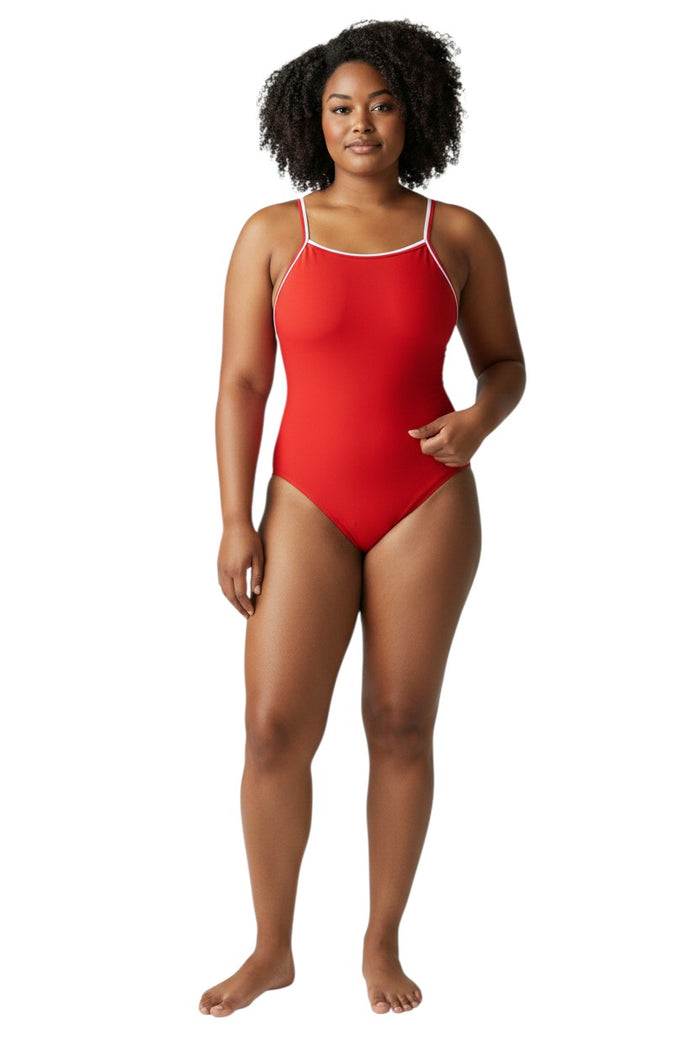 The Lifeguard Store RISE Solid H-Back Reversible red swimsuit with white trim. Polyester-spandex blend.