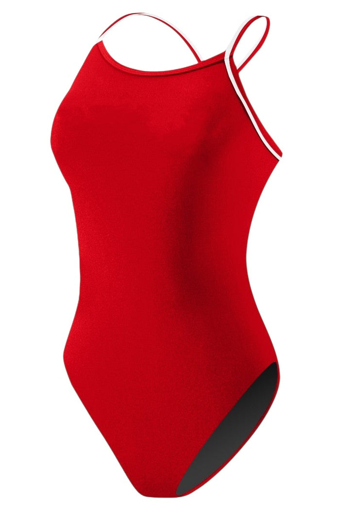 The Lifeguard Store RISE Solid H-Back Reversible One Piece Swimwear in red, made of polyester and spandex with white trim.