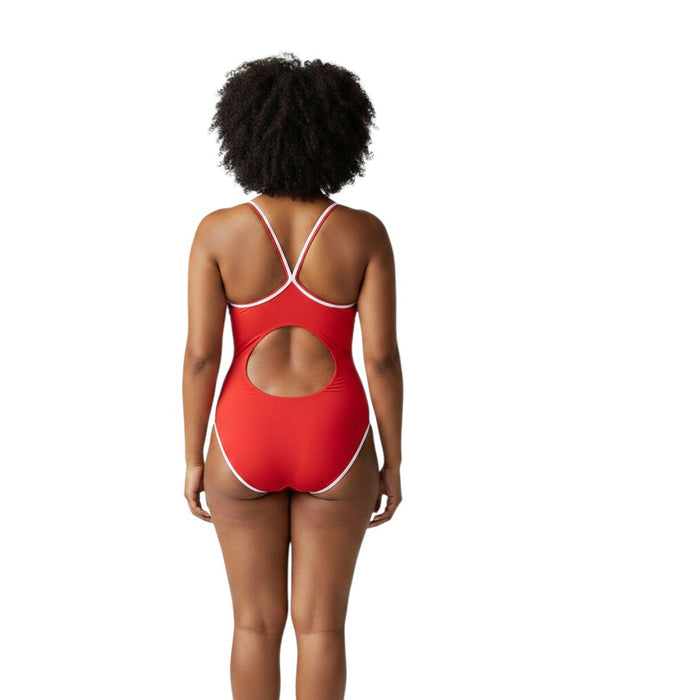 The Lifeguard Store RISE Solid H-Back Reversible one-piece swimsuit in red with navy blue panel and white trim. Made of poly stretch fabric.