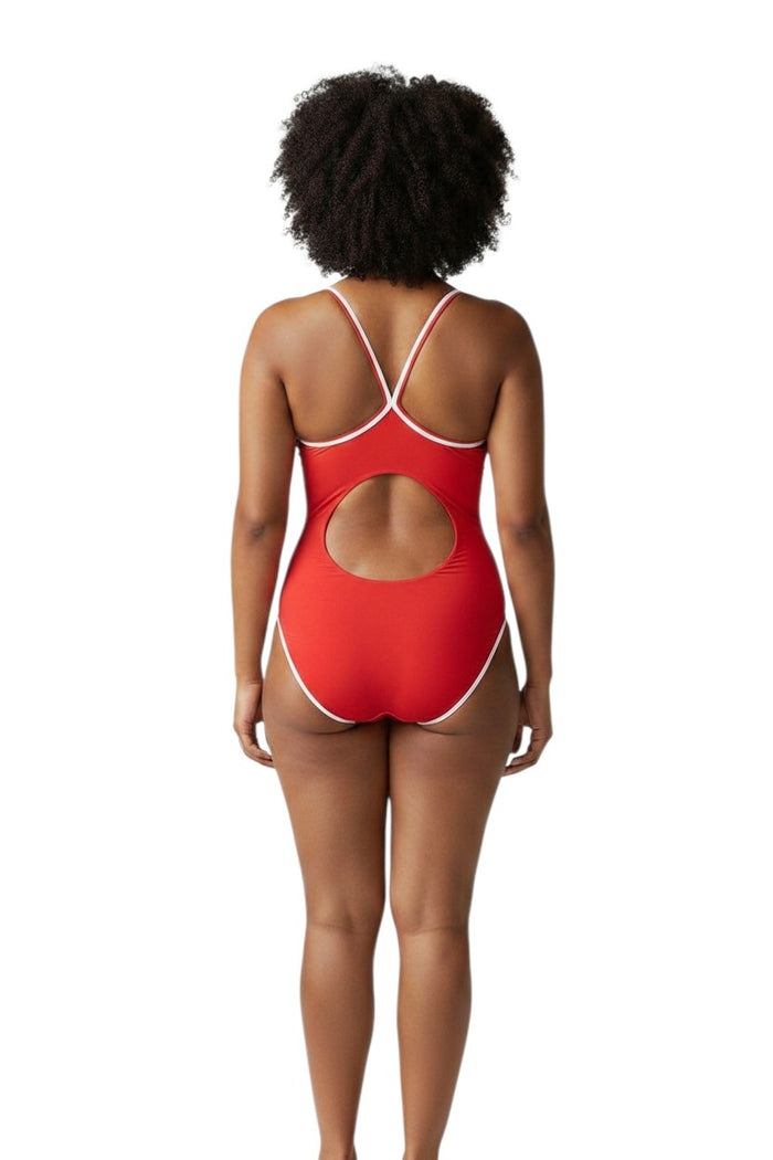 The Lifeguard Store RISE Solid H-Back Reversible red one-piece swimsuit with white trim and a cutout back. Made of poly stretch fabric.