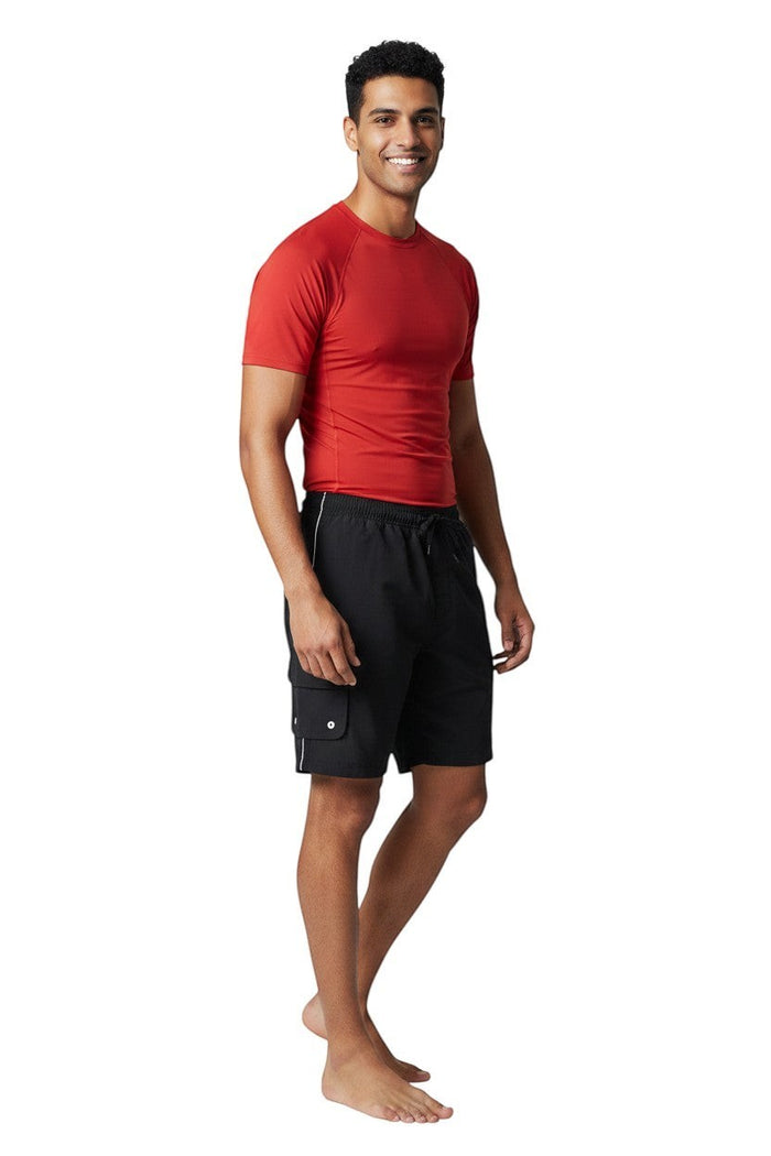The Lifeguard Store black polyester-spandex board shorts with white piping detail and velcro pocket.