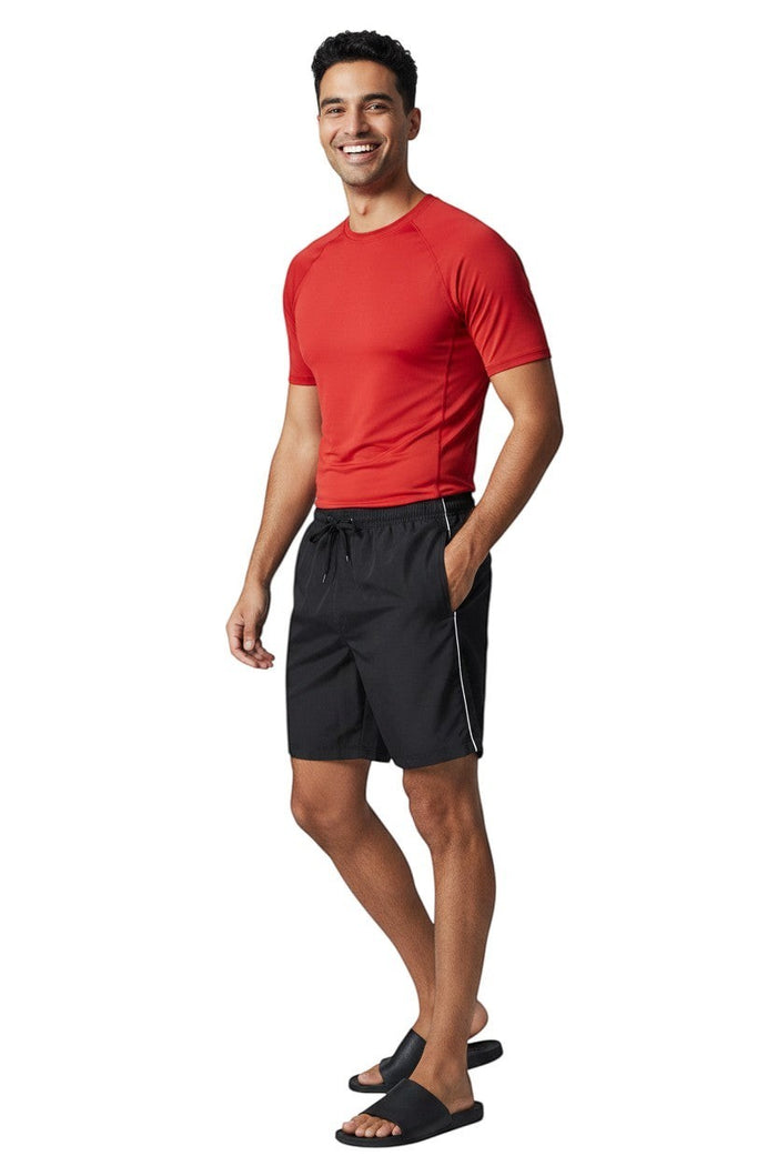 The Lifeguard Store black polyester-spandex board shorts with white piping and drawstring waist. 7" inseam.
