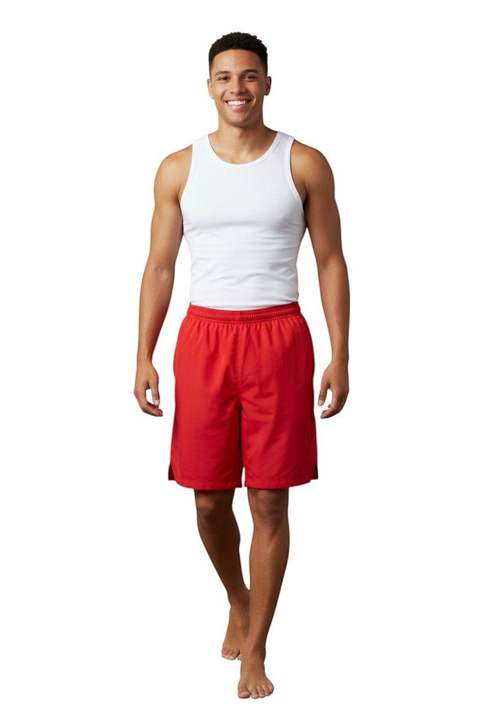 The Lifeguard Store red polyester-spandex board shorts with elastic waistband and 7" inseam.