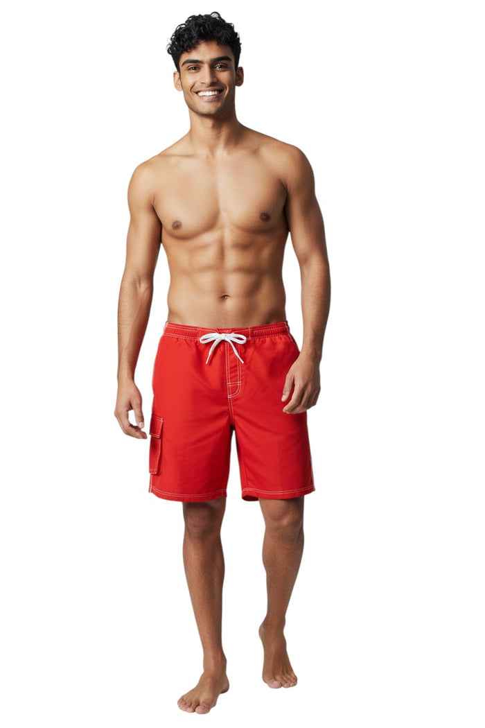 The Lifeguard Store Solid Male Flex Short in red polyester with white contrast stitching, drawstring waist, and velcro pocket.