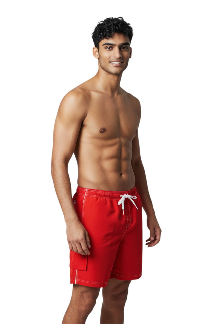 The Lifeguard Store Solid Male Flex Short in red polyester with white contrast stitching, elastic waistband, drawstring, and side pocket.