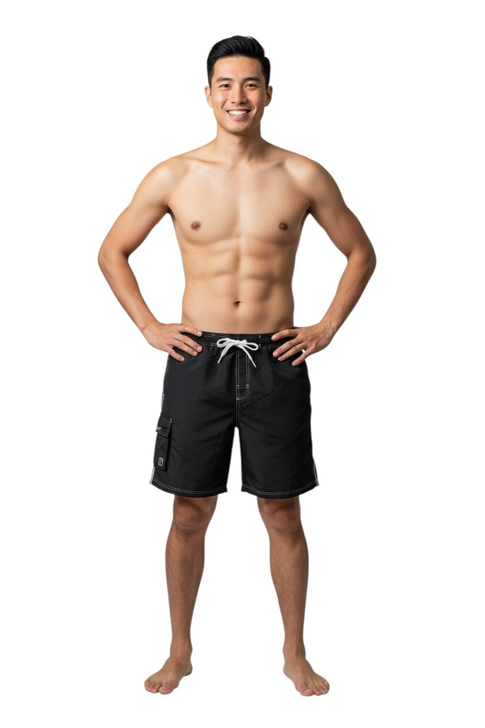 The Lifeguard Store black polyester spandex boardshorts with white drawstring, contrast stitching, and side pocket.