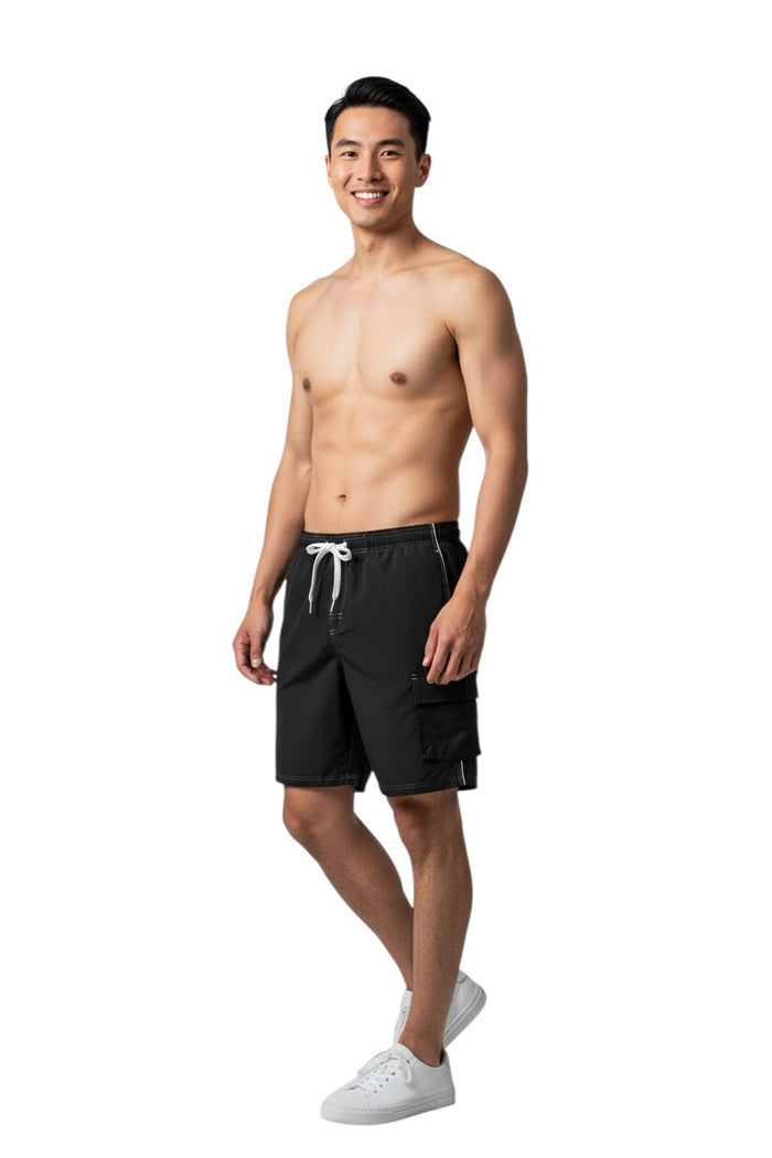 The Lifeguard Store black polyester spandex boardshorts with white contrast stitching, drawstring waist, and side pocket.