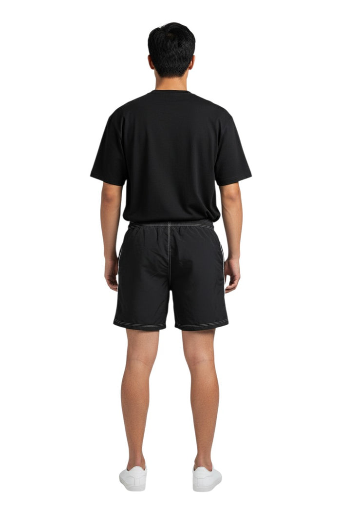 The Lifeguard Store black polyester spandex boardshorts with drawstring, contrast stitching, and side pocket.