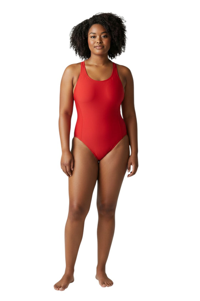The Lifeguard Store RISE Solid MB Back w/Shelf Bra one-piece swimsuit in red polyester-spandex blend with built-in shelf bra.