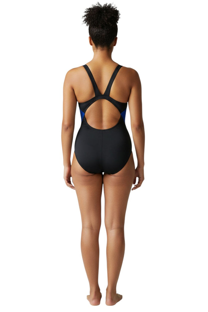 The Lifeguard Store RISE Solid MB Back w/Shelf Bra black one-piece swimsuit with built-in shelf bra and racerback straps.