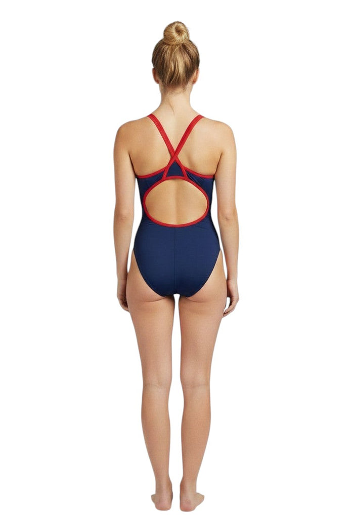 The Lifeguard Store RISE Solid Poly Color Trim H-Back one-piece swimsuit in navy with red and white trim. Features H-back straps and a cutout.