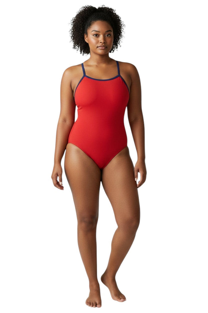 The Lifeguard Store RISE Solid Poly Color Trim H-Back swimsuit in red with navy trim. Polyester/Spandex blend.