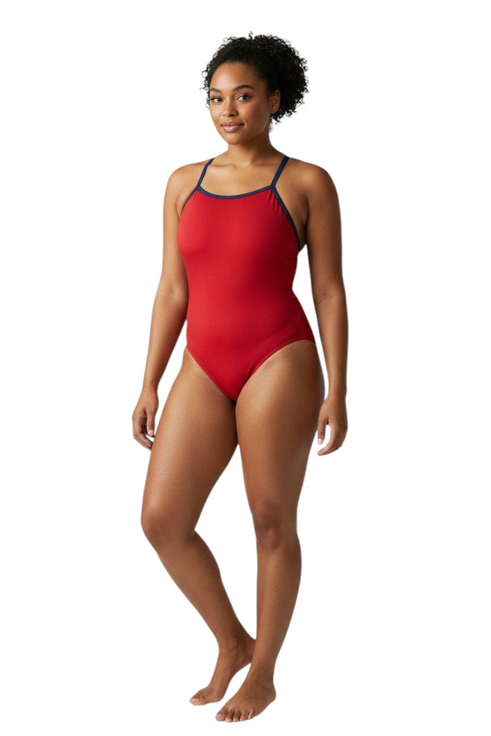 The Lifeguard Store RISE Solid Poly Color Trim H-Back swimsuit in red with navy trim. Polyester/Spandex blend.
