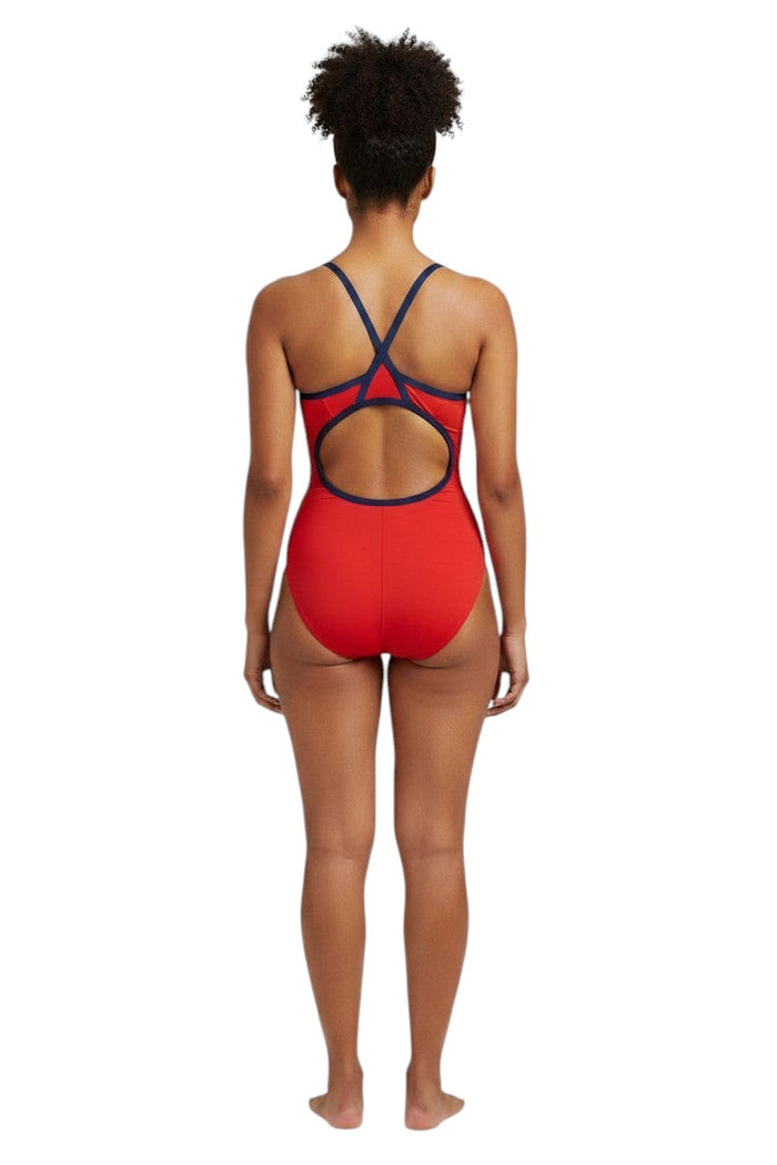 The Lifeguard Store RISE Solid Poly Color Trim H-Back one-piece swimsuit in red with white and navy trim.