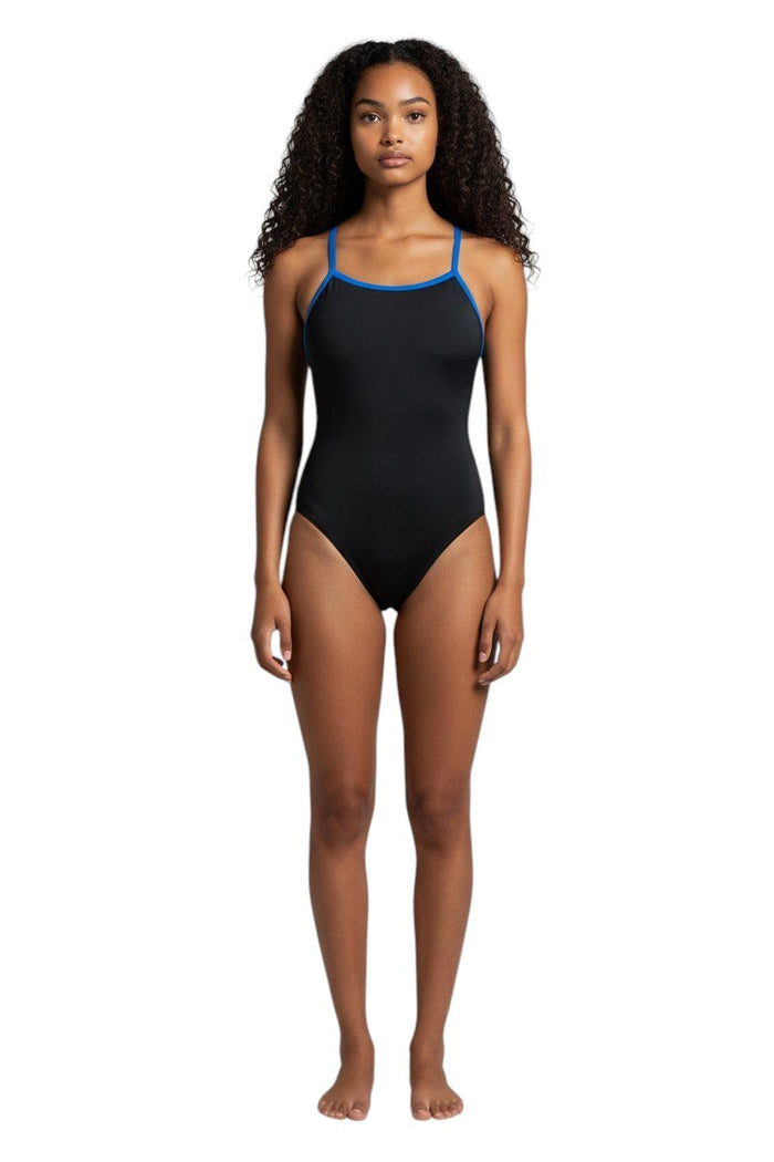 The Lifeguard Store RISE Solid Poly Color Trim H-Back one-piece swimsuit in black with blue trim. Polyester/Spandex blend.