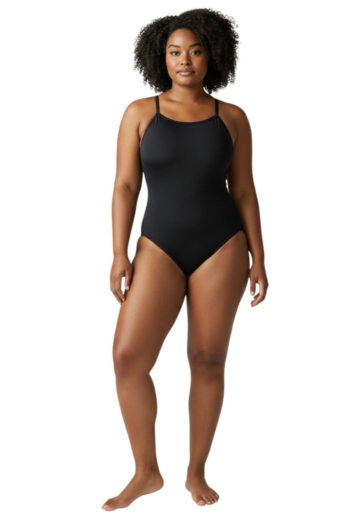 The Lifeguard Store RISE Solid Poly H-Back black swimsuit with H-back straps, made of 91% polyester and 9% spandex.