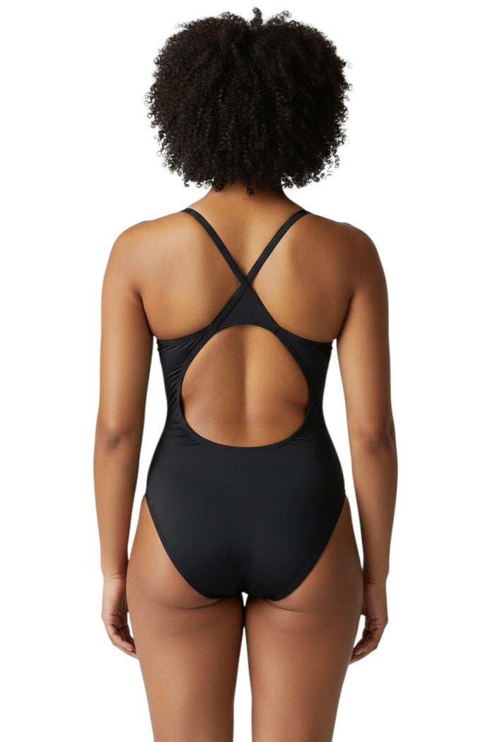 The Lifeguard Store RISE Solid Poly H-Back black swimsuit with H-back straps and large cutout. Made of 91% Polyester/9% Spandex.