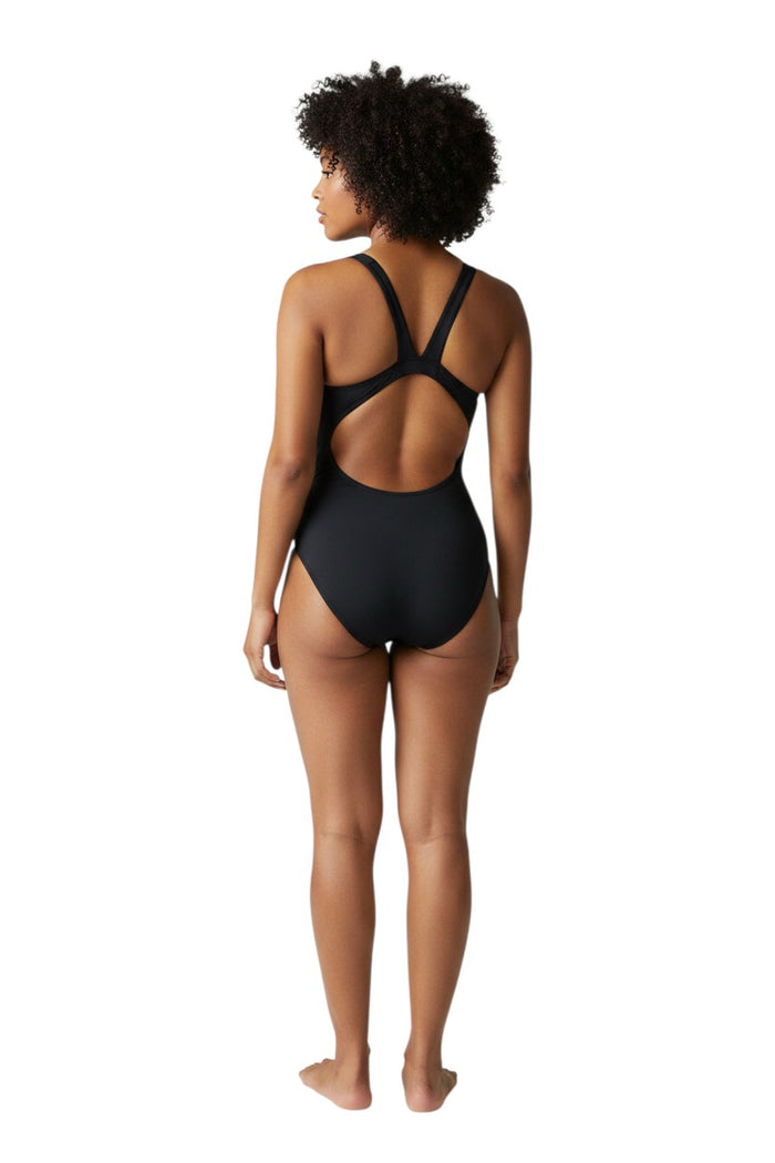 The Lifeguard Store RISE Solid Poly MB Back black one-piece swimsuit with racerback and UPF 50+ protection.