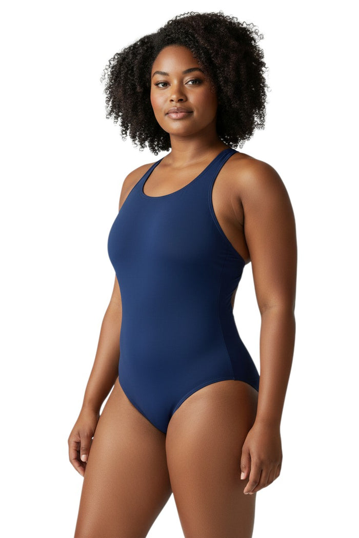The Lifeguard Store navy blue polyester-spandex one-piece swimsuit with racerback design and UPF 50+ sun protection.