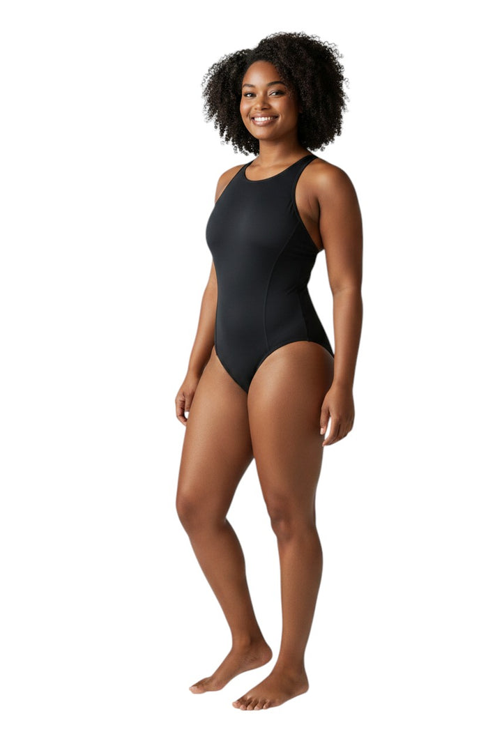The Lifeguard Store black polyester and spandex scoop back one-piece swimsuit with UPF 50+ sun protection.
