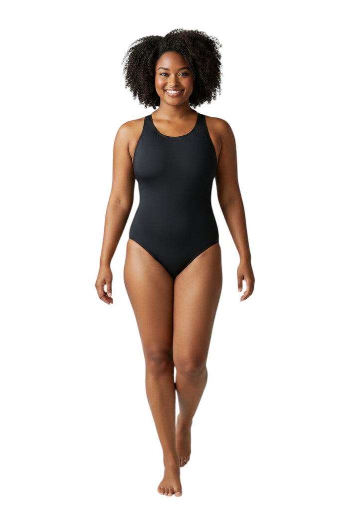 The Lifeguard Store RISE Solid Poly Scoop Back one-piece swimsuit in black. Polyester/Spandex blend with UPF 50+ sun protection.