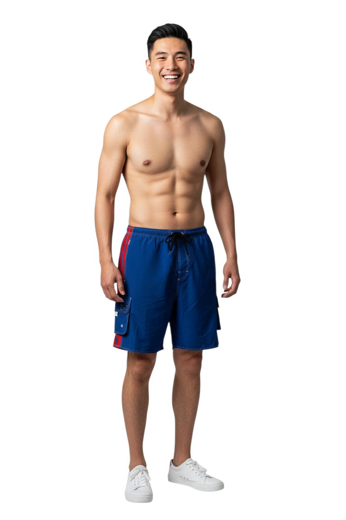 The Lifeguard Store RISE Solid Splice Board Short in navy blue with red side stripes and white contrast stitching. Features elastic waistband, drawstring, and cargo pocket.