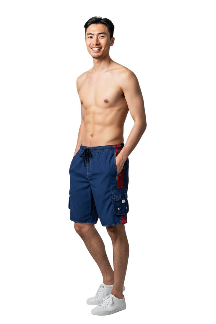 The Lifeguard Store RISE Solid Splice Board Short in blue with red side stripes, elastic waistband, drawstring, and cargo pocket.