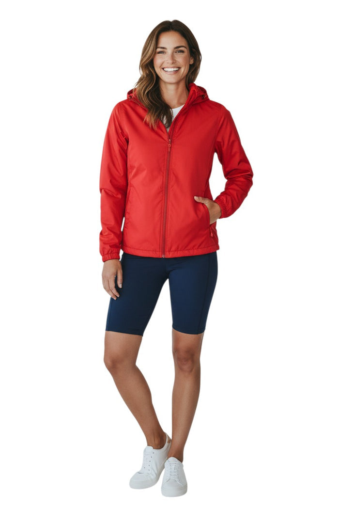 The Lifeguard Store RISE Solid Waterproof Jacket in red, made of polyurethane with full zip and adjustable hood.