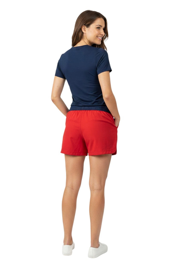 The Lifeguard Store RISE Supervisor red polyester roll shorts with elastic waistband and drawstring. UPF30+.