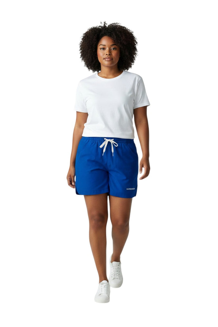 The Lifeguard Store blue polyester supervisor roll shorts with elastic waistband, drawstring, and pockets.