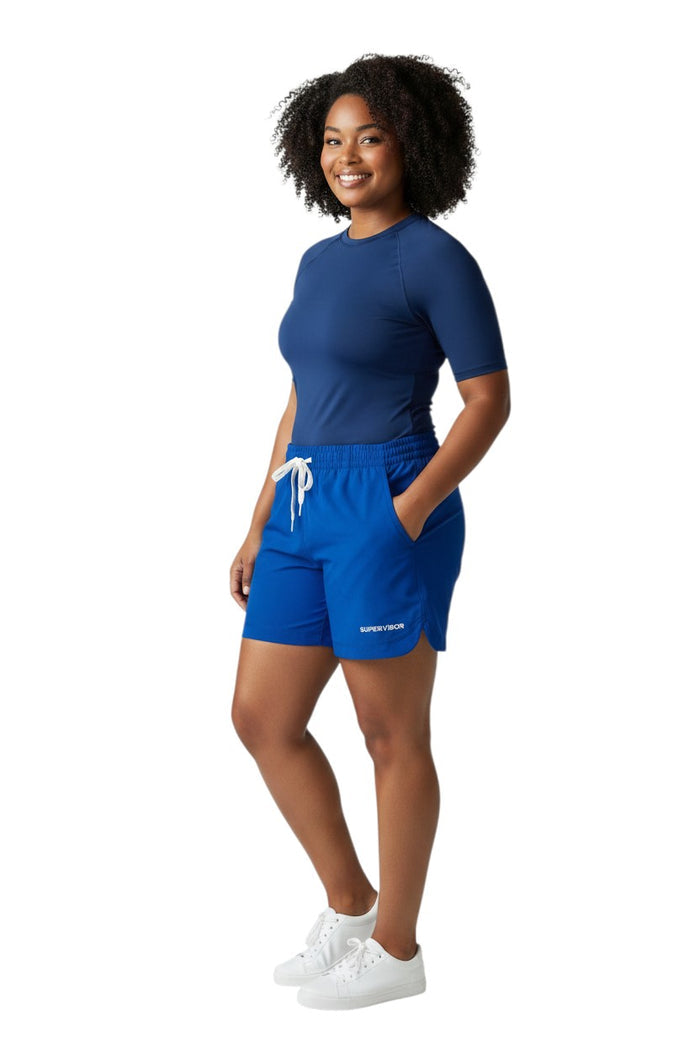 The Lifeguard Store royal blue polyester roll short with elastic waistband, drawstring, and "SUPERVISOR" text.