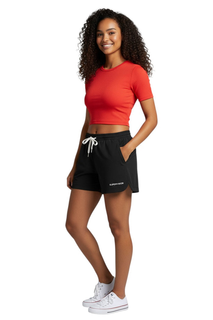 The Lifeguard Store black polyester supervisor roll shorts with elastic waistband, drawstring, and two front pockets.