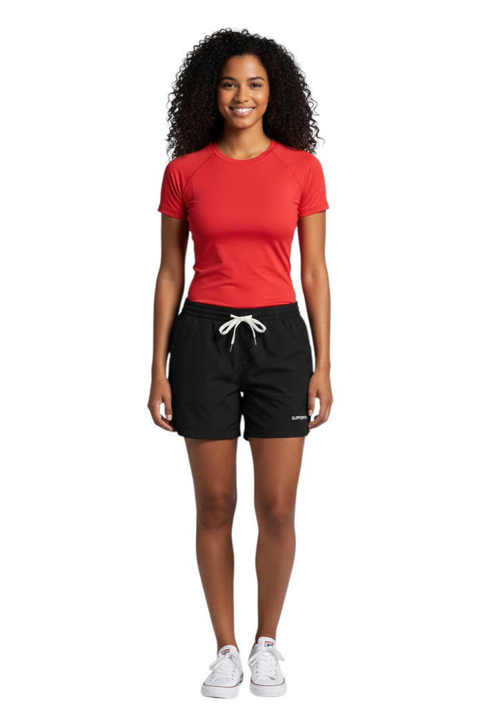 The Lifeguard Store black polyester supervisor roll shorts with drawstring and pockets. UPF30+ UV protection.